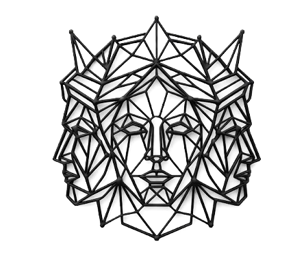 Three-faced geometric wireframe head — the Lugh emblem